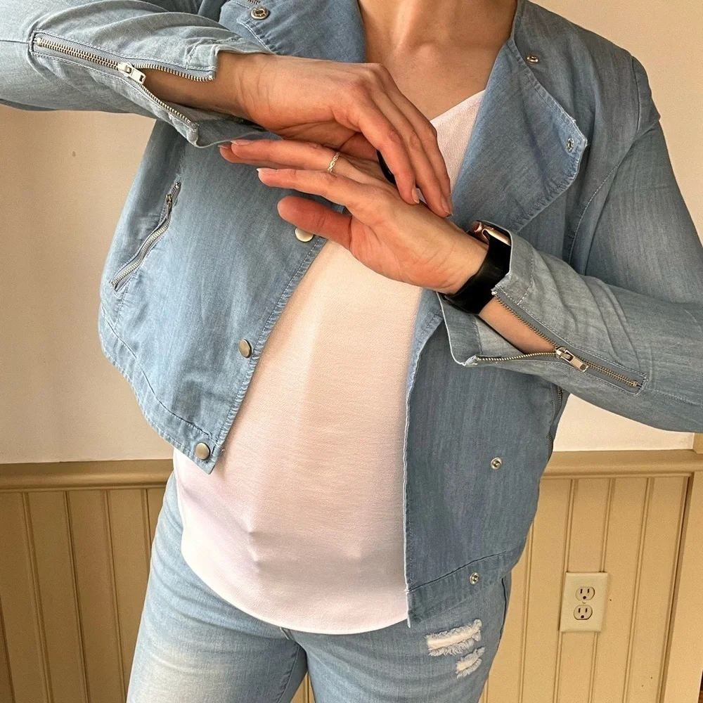 Khloé California M Chambray Denim Moto Jacket Fall Layering Grunge Biker Classic
